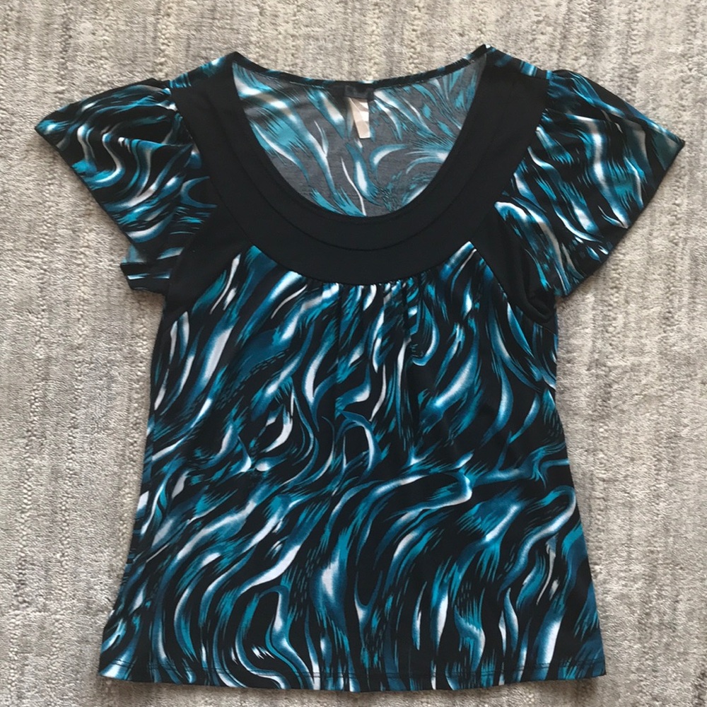 Black aqua teal spandex short sleeve blous…